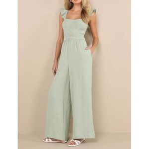 NWT Lulus Daniyah‎ Sage Green Smocked Flutter Sleeve Wide-Leg Jumpsuit Medium